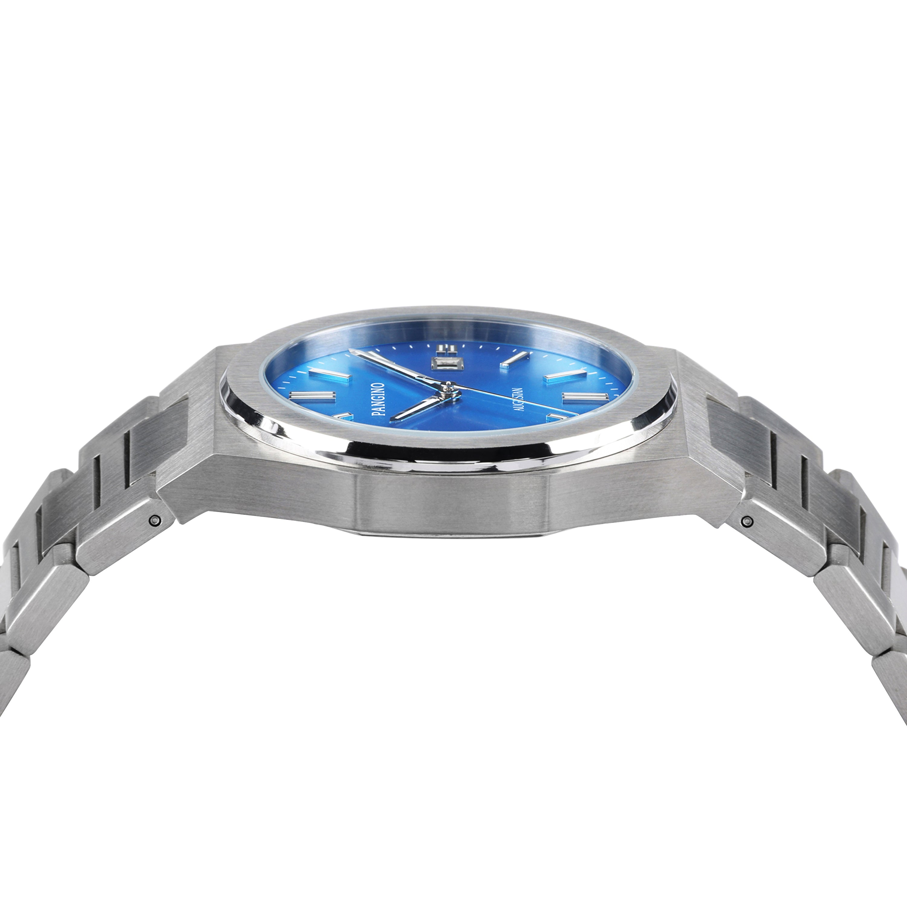 Left side of Pangino Augustan blue dial watch