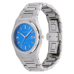Tilted front angle of Pangino Augustan blue dial watch