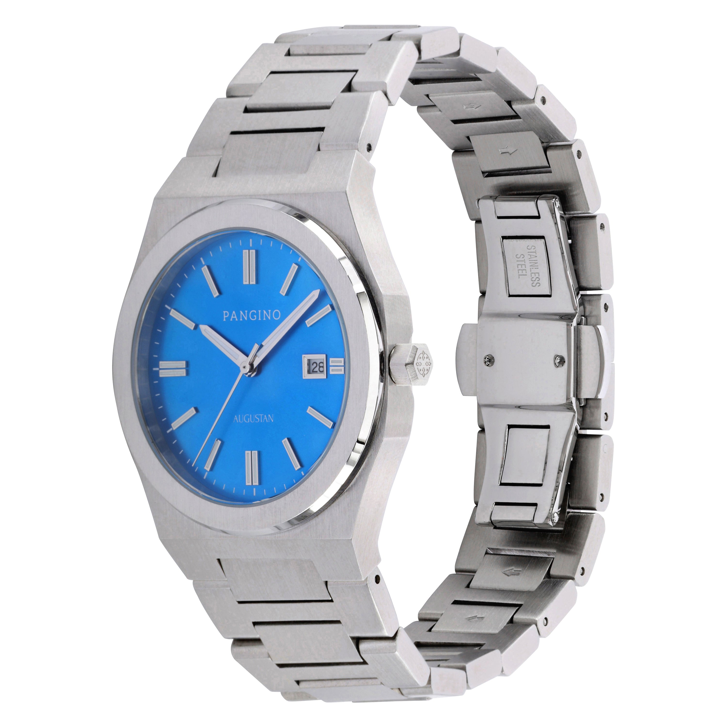 Tilted front angle of Pangino Augustan blue dial watch