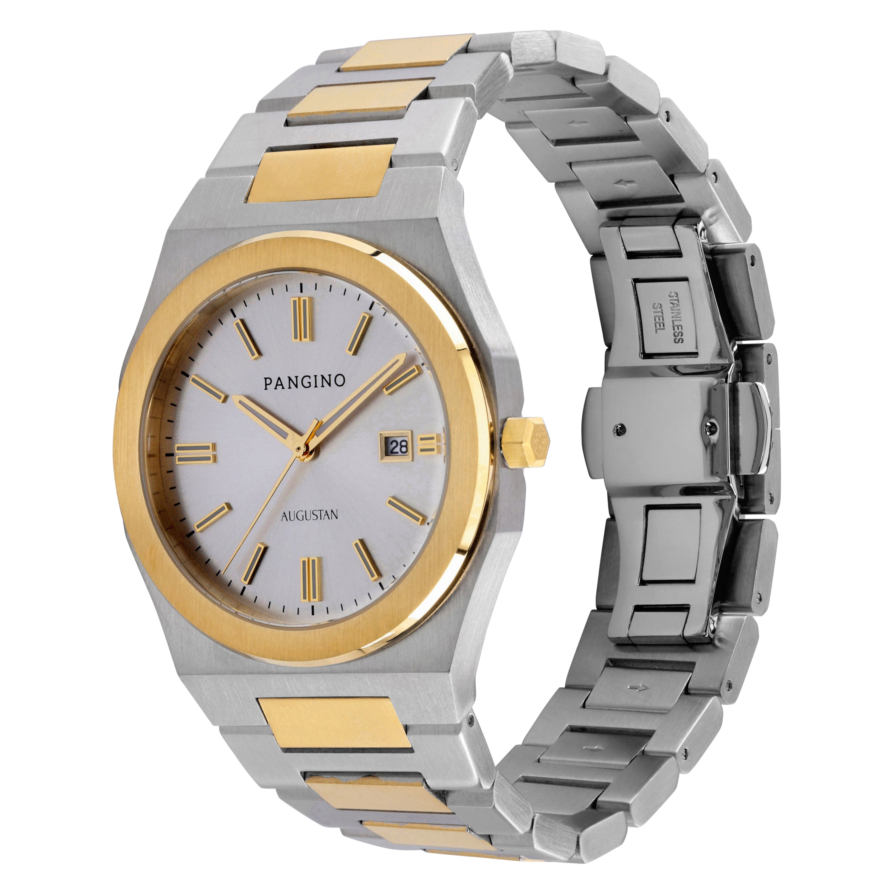 Tilted front angle of Pangino Augustan two-tone watch