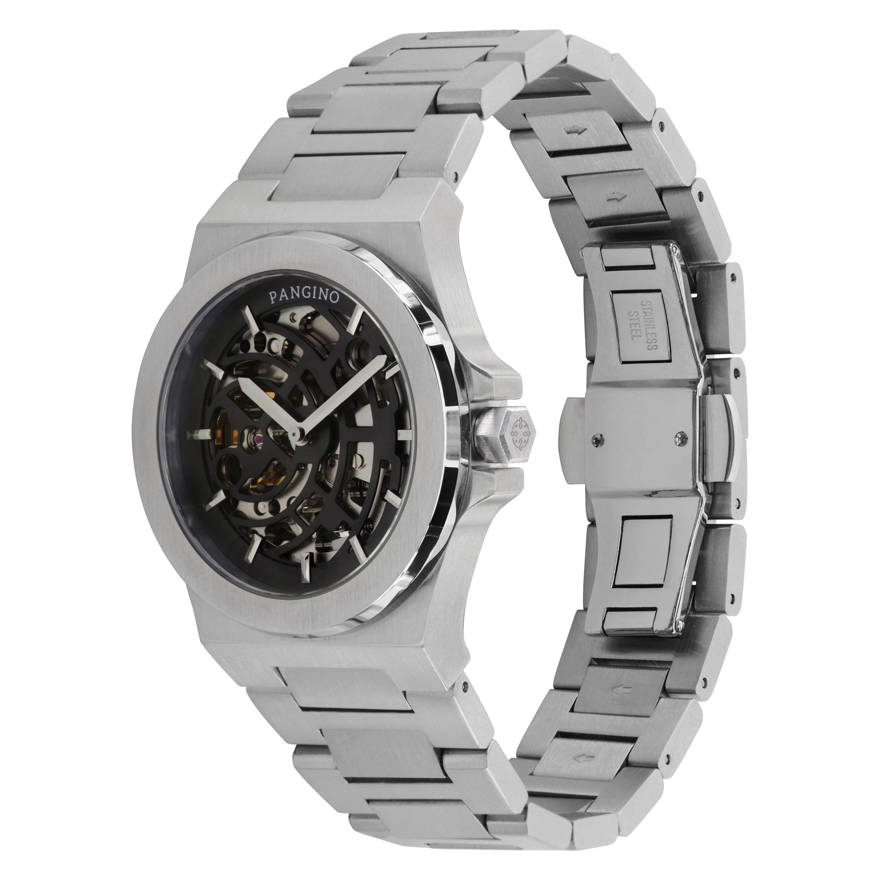 Tilted front angle of Pangino Cosmopolitan Skeleton watch