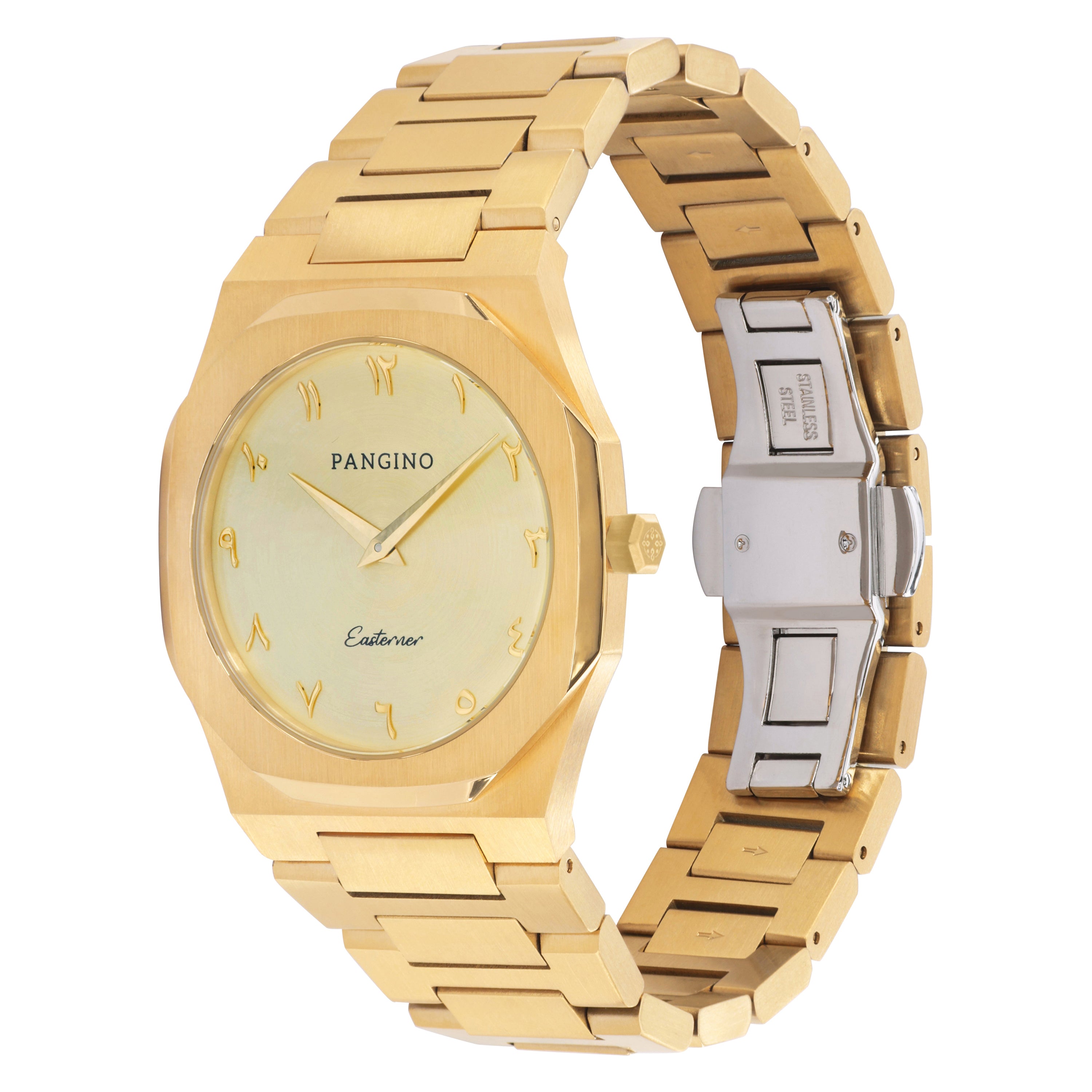 Tilted front angle of Pangino Easterner all gold-tone watch