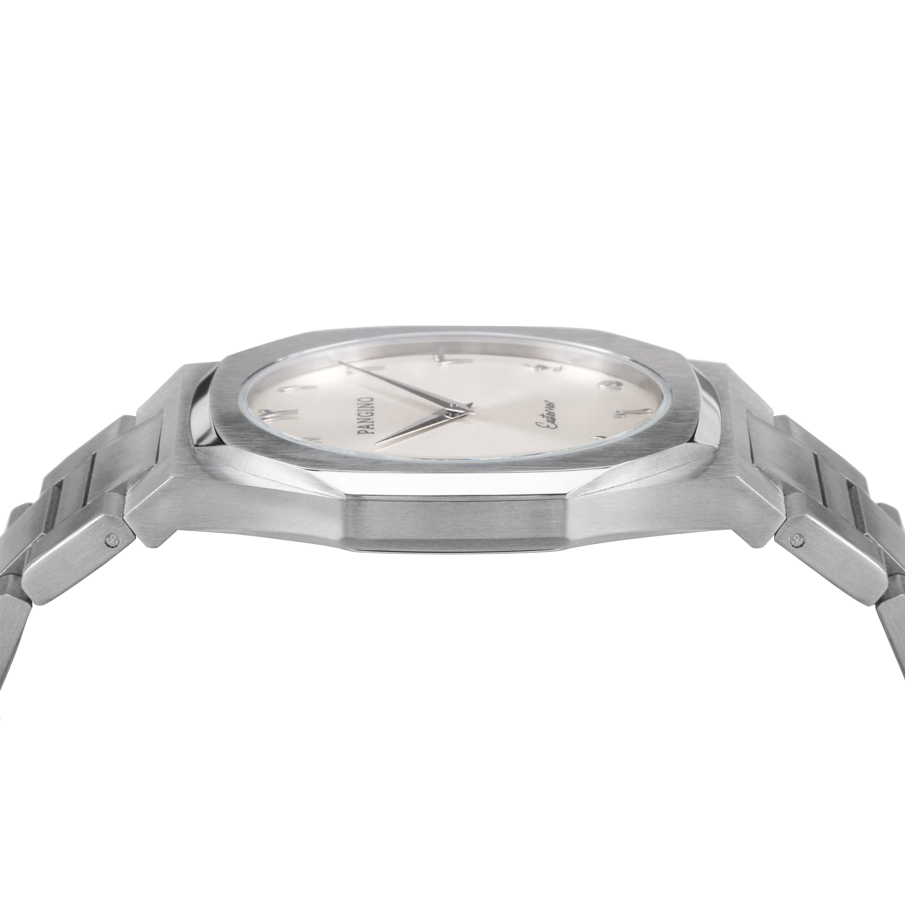 Left side of Pangino Easterner silver-tone dial watch