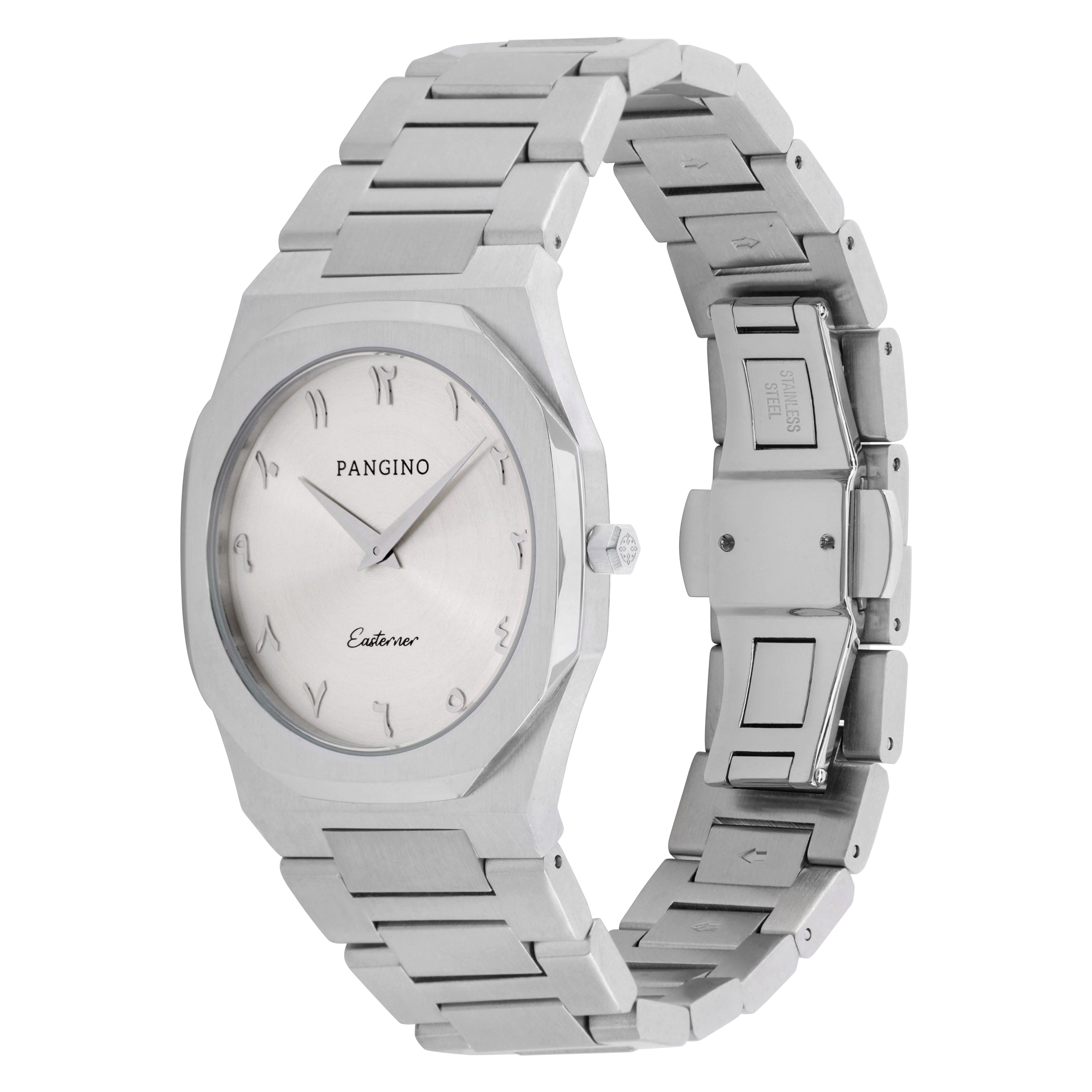 Tilted front angle of Pangino Easterner silver-tone dial watch