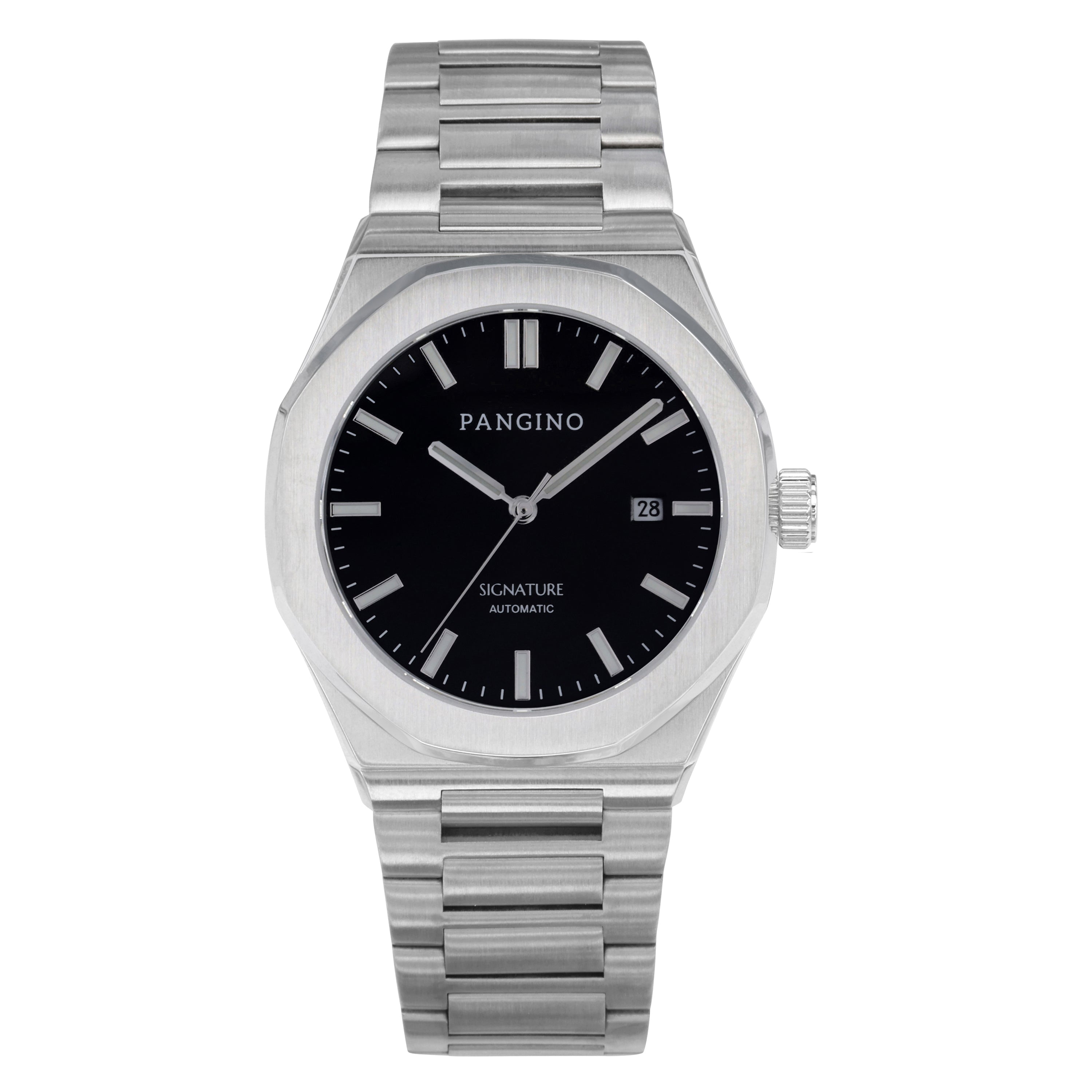 Front of Pangino Signature black dial watch