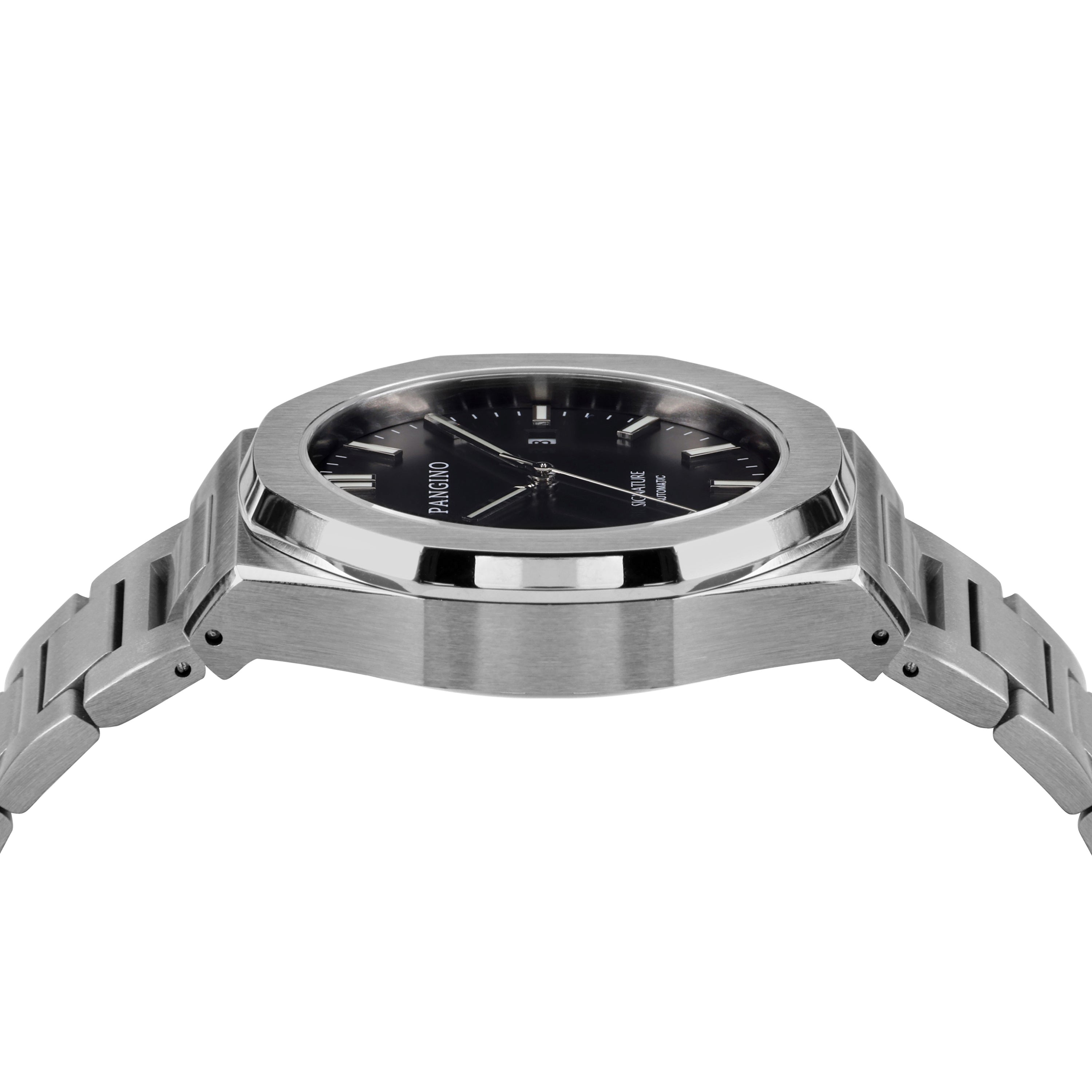 Left side of Pangino Signature black dial watch