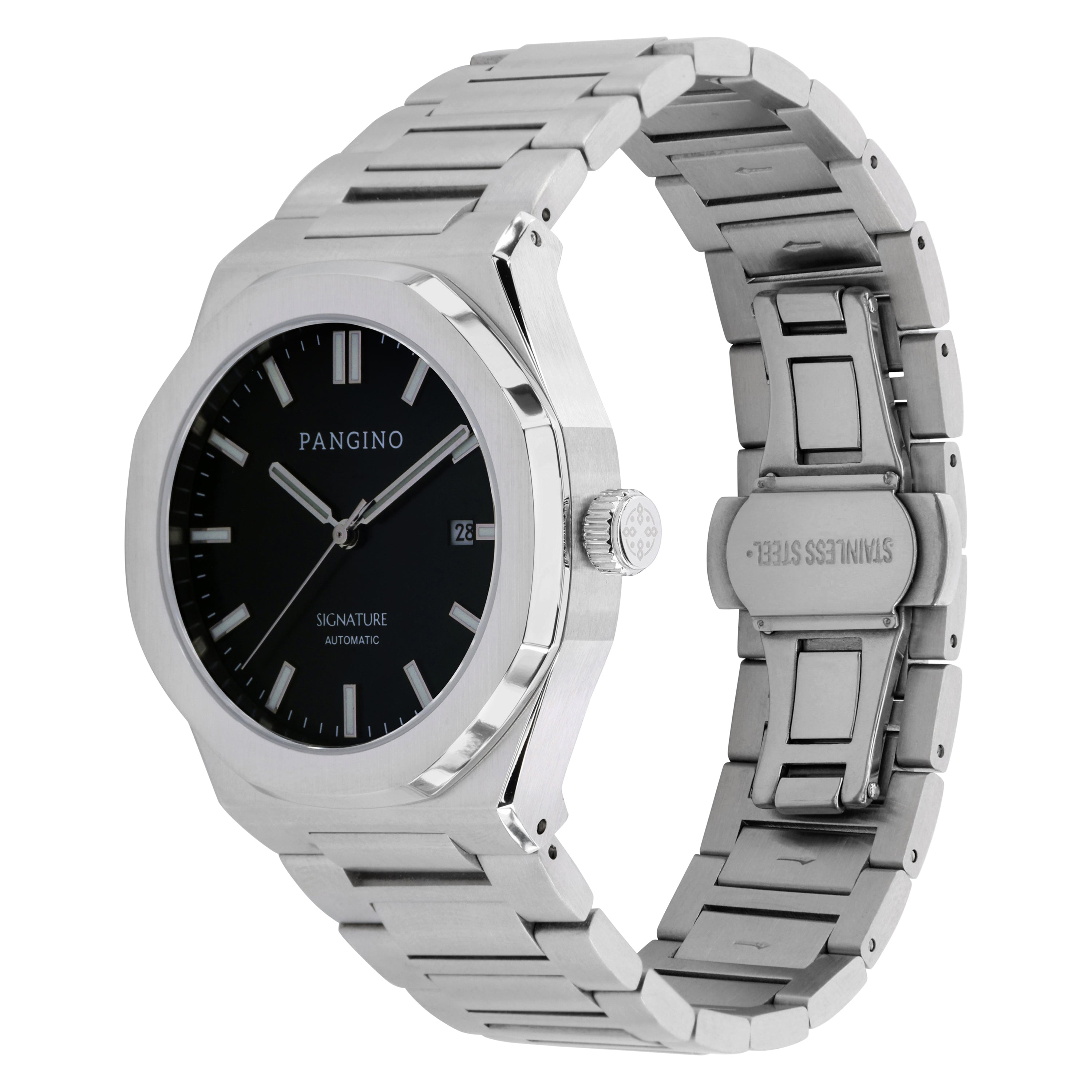 Tilted front angle of Pangino Signature black dial watch