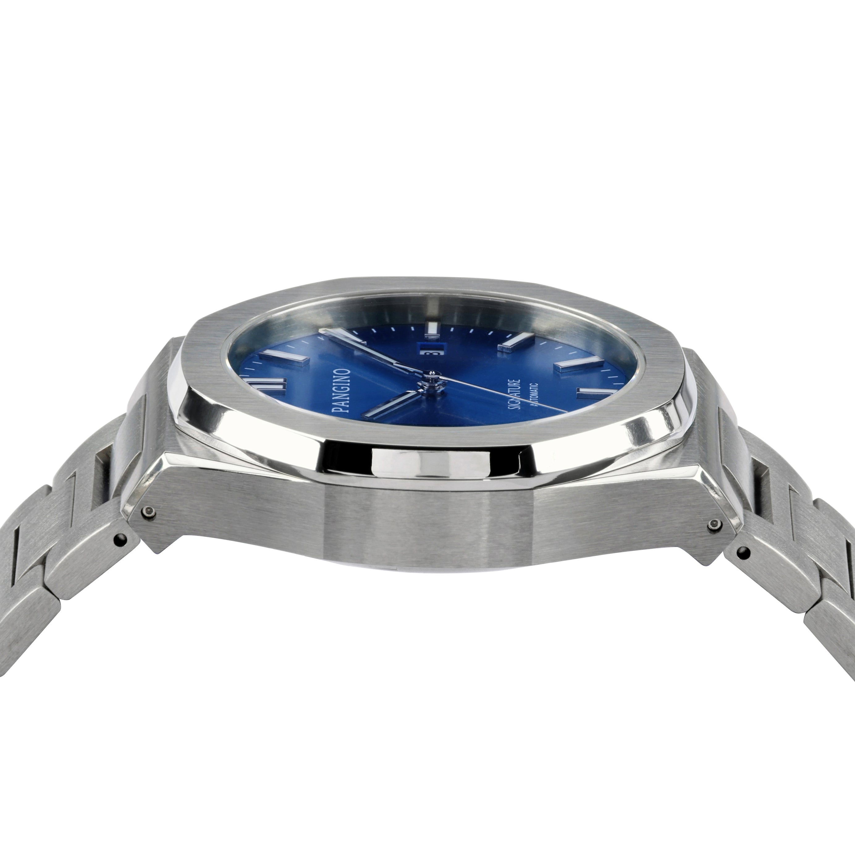 Left side of Pangino Signature blue dial watch