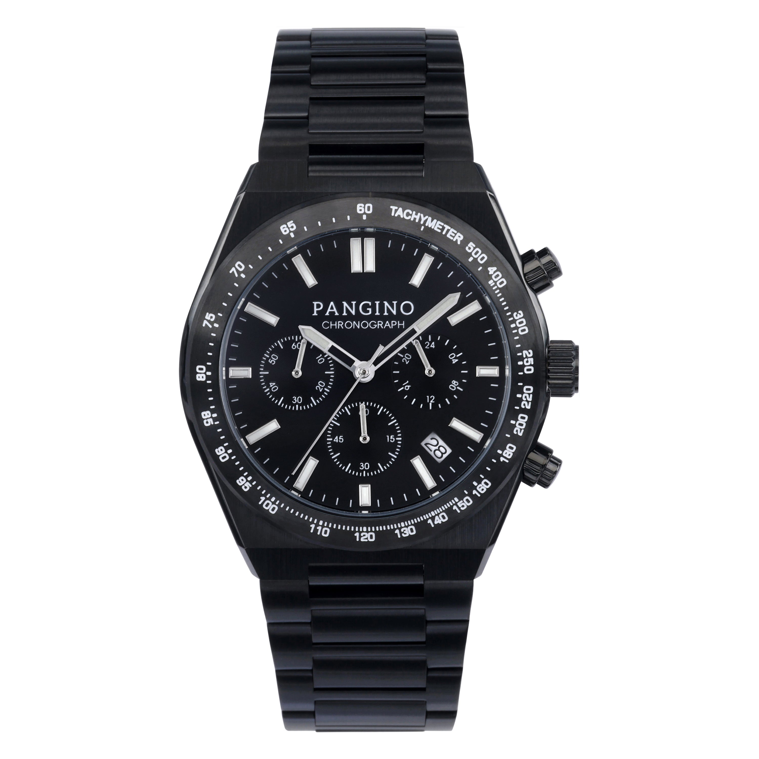 Front of Pangino Urban Chronograph all black watch