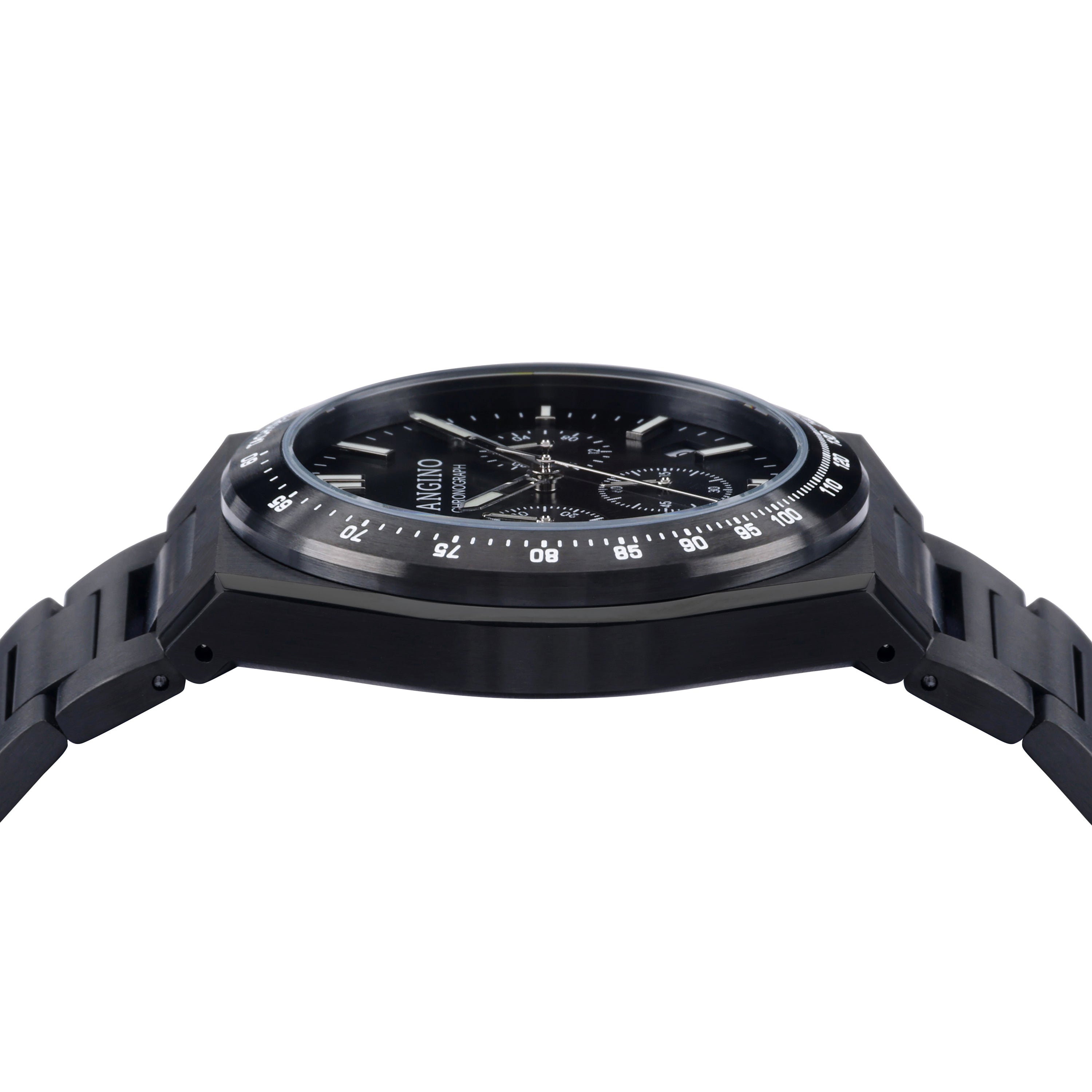 Left side of Pangino Urban Chronograph all black watch