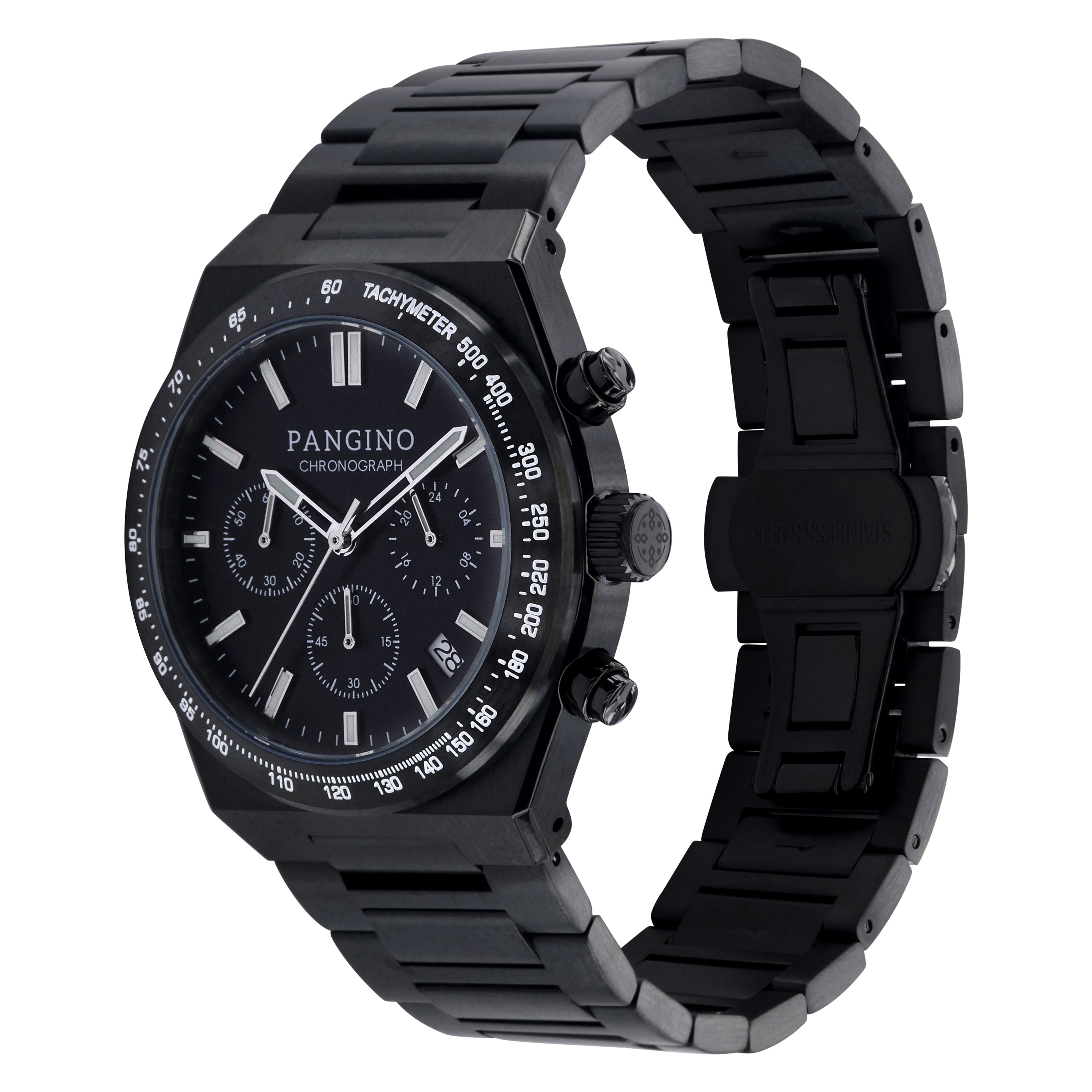 Tilted front angle of Pangino Urban Chronograph all black watch