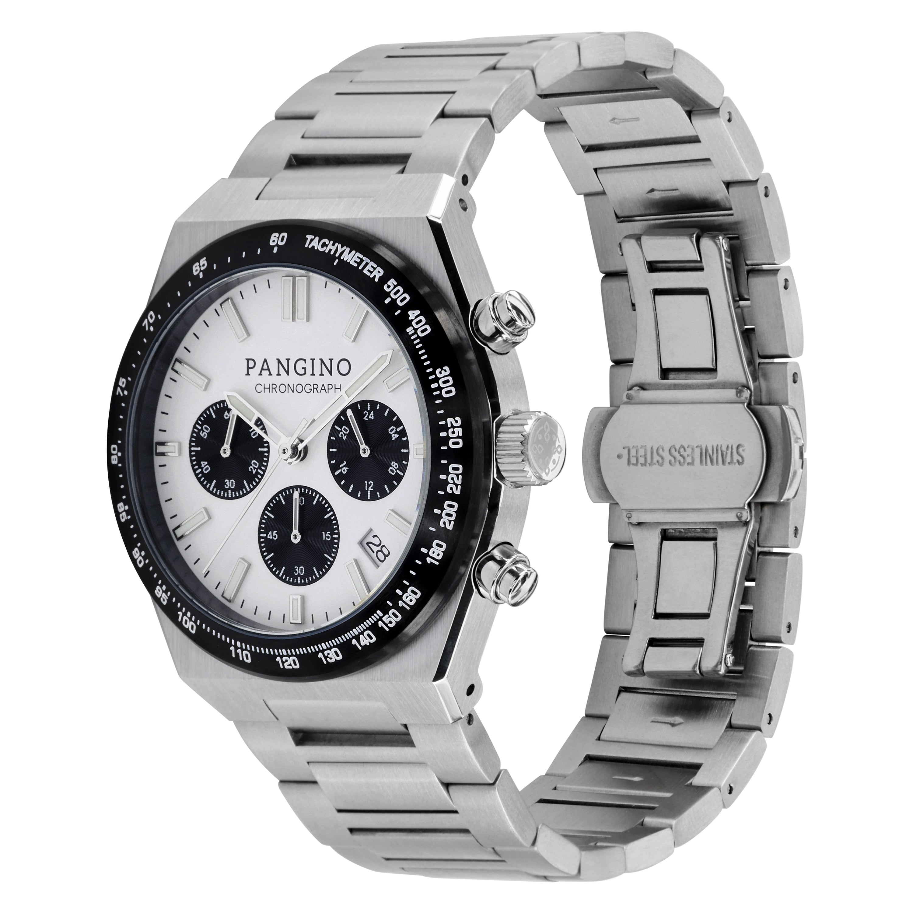 Tilted front angle of Pangino Urban Chronograph panda dial watch