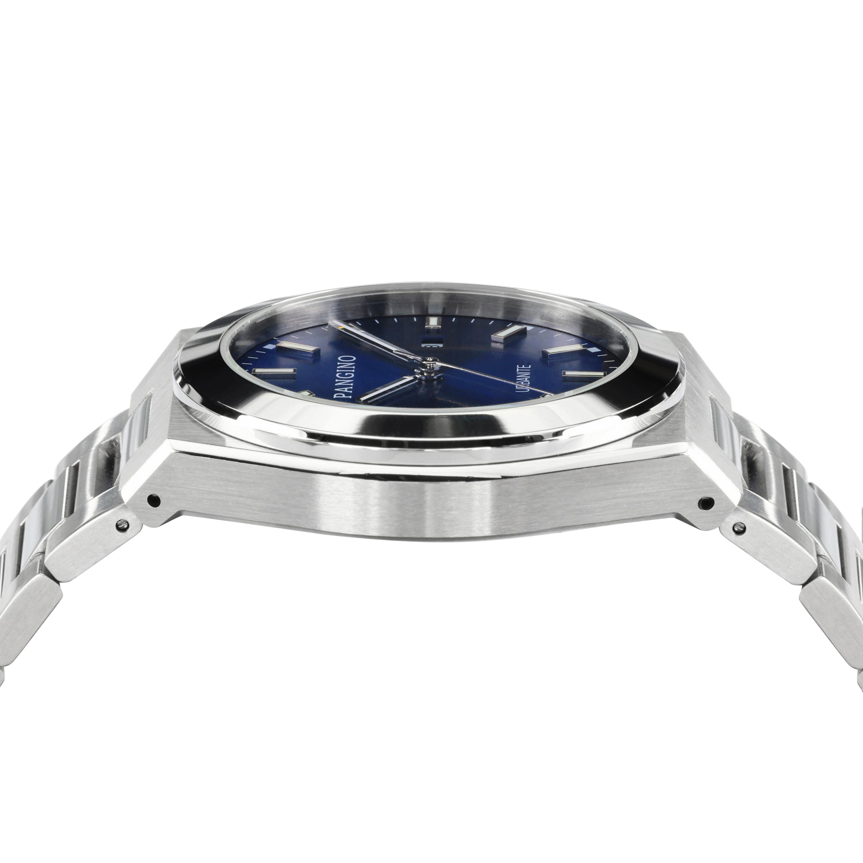Left side of Pangino Urbanite blue dial watch