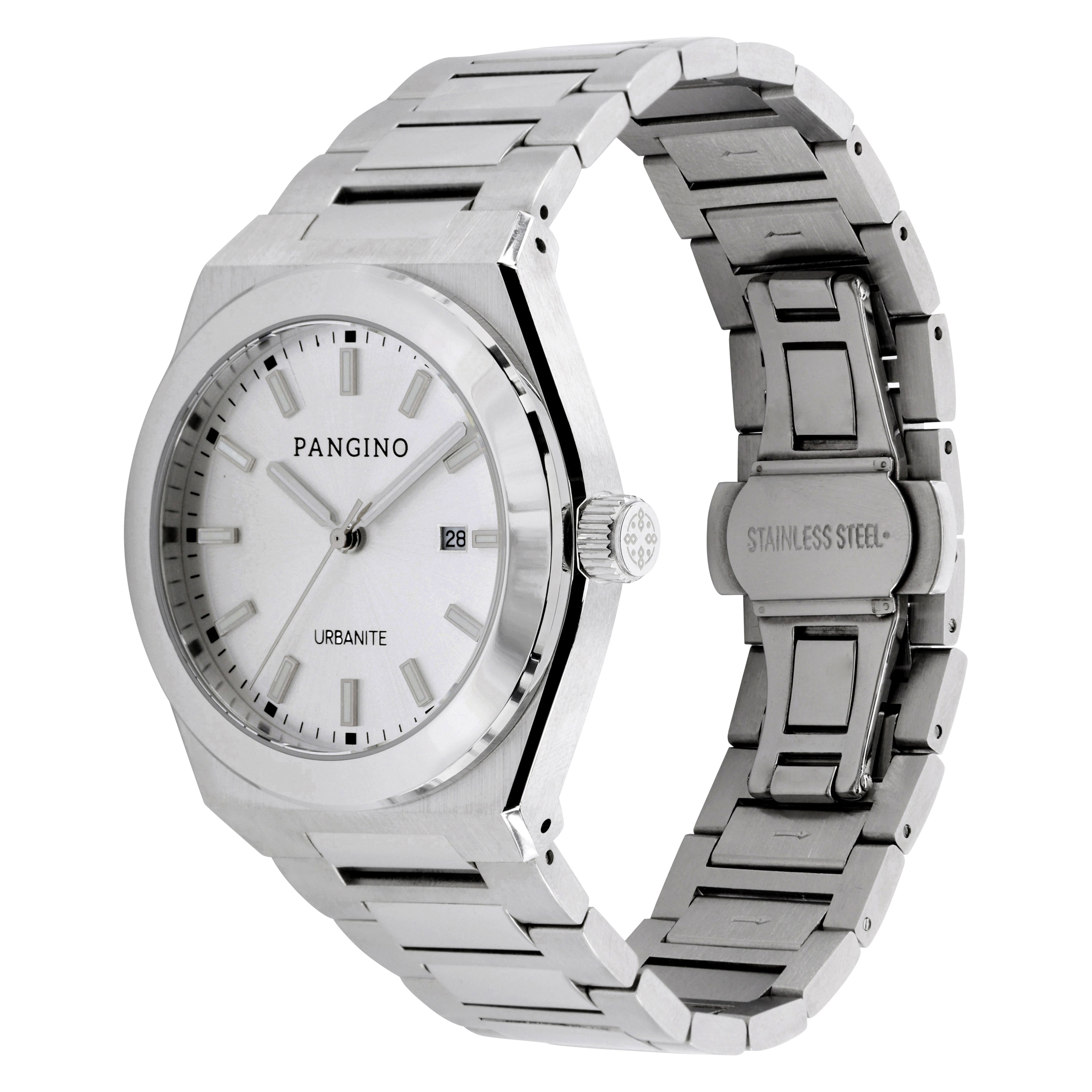 Tilted front angle of Pangino Urbanite silver-tone dial watch
